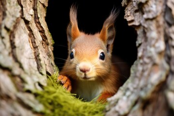 a cute squirrel peeks out of a tree hole