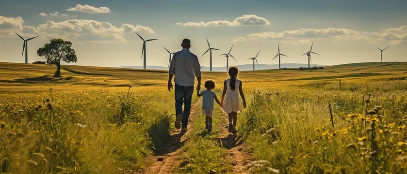 a family in the neighbourhood with alternative energy sources, such as wind turbines.