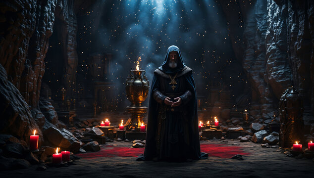 A priest performing a satanic ritual in a cave.