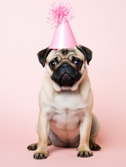 Pug dog with happy expression wearing birthday hat