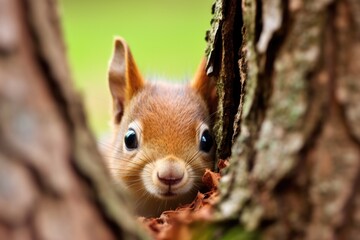 Naklejka na ściany i meble a cute squirrel peeks out of a tree hole