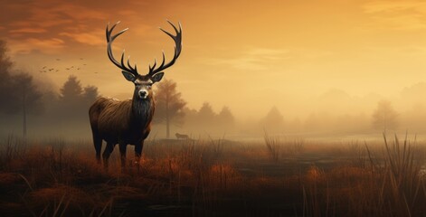 Mighty red deer standing in the savanna with dense fog in the morning, autumn theme