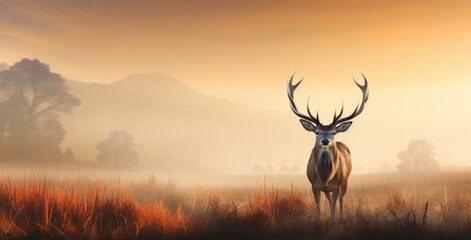 Mighty red deer standing in the savanna with dense fog in the morning, autumn theme - obrazy, fototapety, plakaty