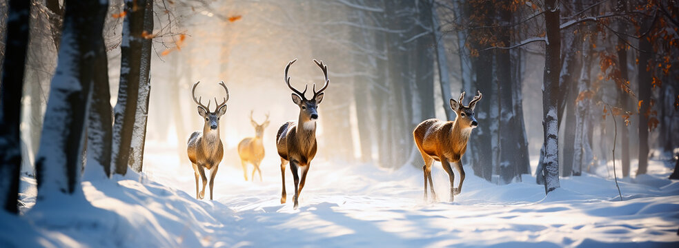 Magical deers running in the snowy forest. Snowfall in the sunset. Widescale image 