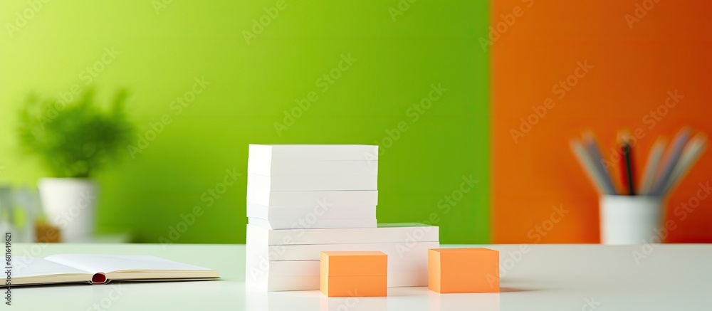 Poster in a sleek office space adorned with white walls and an isolated green and orange background, a stac