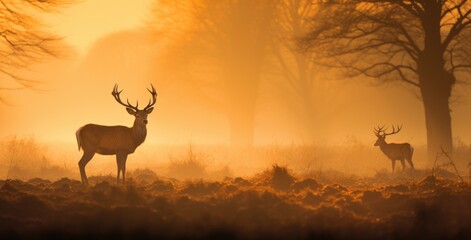 Mighty red deer standing in the forest with dense fog in the morning, autumn theme