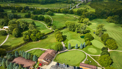 Aerial Crestview Golf Club, Muncie Indiana bright sunny summer day multiple holes