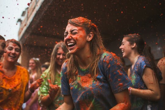 Tomatina festival people. Popular event with large crowds of laughing people. Generate AI