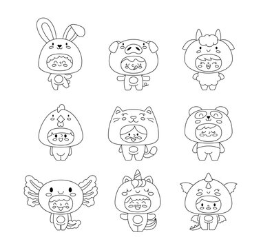 Cute little kids wearing animals costumes. Coloring Page. Adorable boys and girls cartoon characters in clothes rabbit, pig, goat, rooster, cat, panda, axolotl, unicorn, dragon.