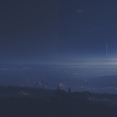  a purple sun setting over an alien fantasy scene