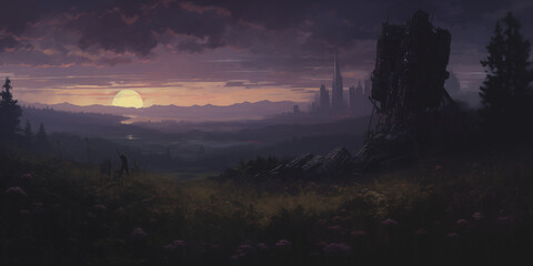 Darkened realistic sunset art