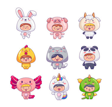 Cute little kids wearing animals costumes. Adorable boys and girls cartoon characters in clothes rabbit, pig, goat, rooster, cat, panda, axolotl, unicorn, dragon. Hand drawn style.