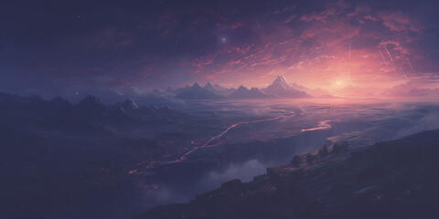  a purple sun setting over an alien fantasy scene