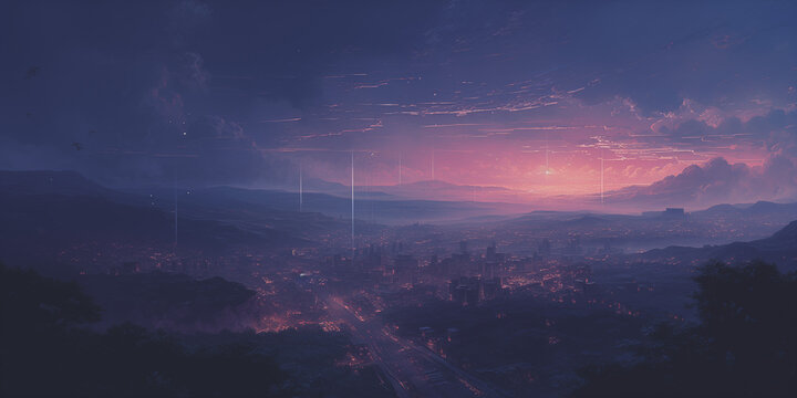  a purple sun setting over an alien fantasy scene