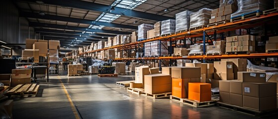 Retail warehouse with pallets, forklifts, and shelves stocked with products in cartons. .