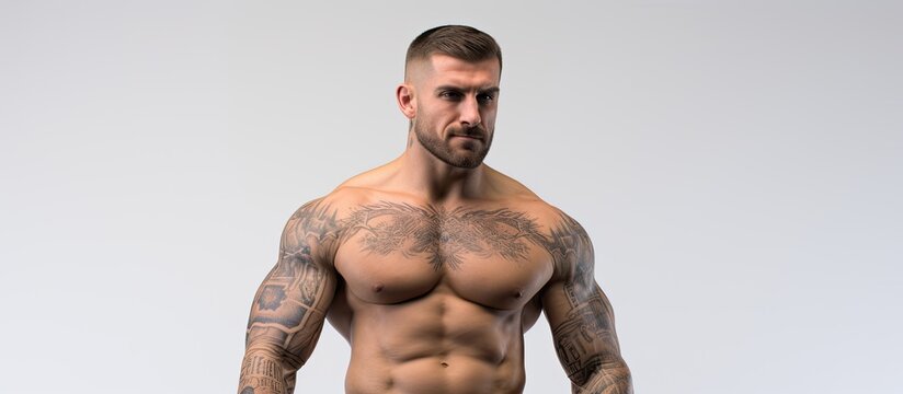 In the isolated white background, a young adult man with a muscular and tattooed torso stands, exuding power and strength, showcasing the beauty of his athletic body, evoking a sense of health and a