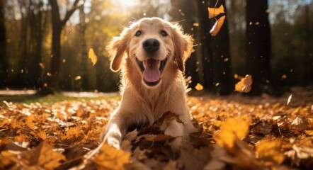 Golden retriever dog sitting on a pile of dry maple leaves, autumn theme concept