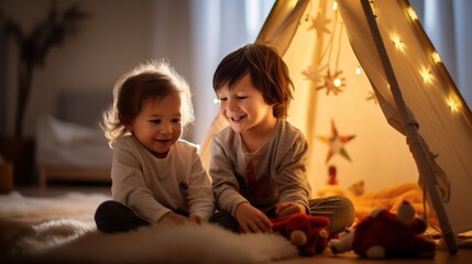 Children playing in child room using teepee tent cozy warm atmosphere