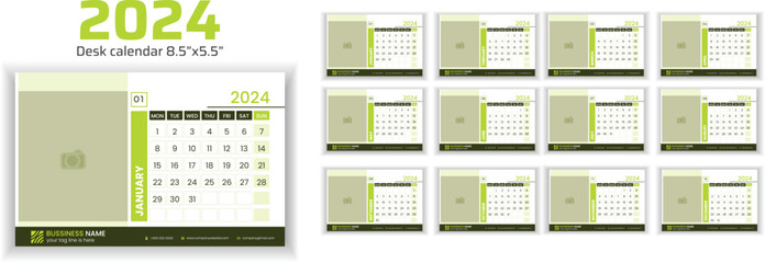 2024 Desk Calendar Planner Templates for a company or home. Image place holder added.  Simple full page calendar in vector format with Monday as the start of the week.
