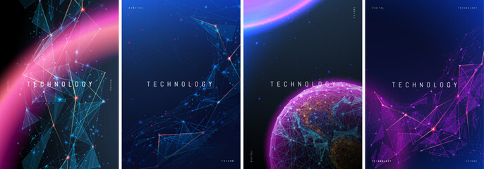 Abstract technology posters. Science future innovation concept. Space shapes and planets in blue-purple. Futuristic abstract backgrounds for book cover design. Digital low-poly fiction flyer template. - obrazy, fototapety, plakaty