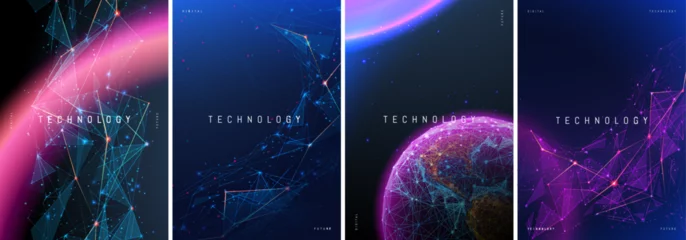 Fotobehang Abstract technology posters. Science future innovation concept. Space shapes and planets in blue-purple. Futuristic abstract backgrounds for book cover design. Digital low-poly fiction flyer template. © AntonKhrupinArt
