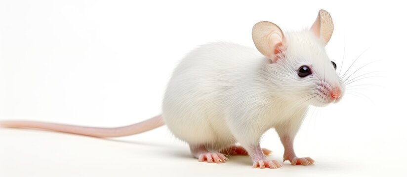 In the studio, a white mouse stands isolated on a white background, away from people and confined within a wooden field, cleaning itself by scratching its domestic mammal body, revealing its animal