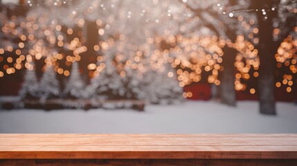 Empty wooden table with bokeh background, night view, blurred bokeh lights background, generative ai