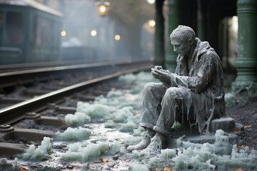 Zombie Statue of Contemplation Amidst a Ruined Railway Generative AI - obrazy, fototapety, plakaty