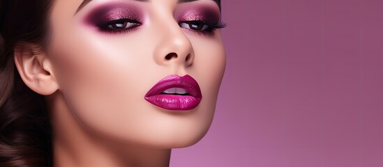 The beautician carefully applied the plum-colored lipstick, enhancing the natural beauty of the model's skin texture, creating a glamorous and decorative look in the isolated white background