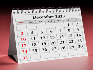December 2023. One page of the annual business desk monthly calendar