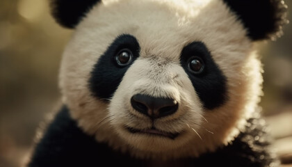 Fototapeta premium Endangered panda sitting in bamboo forest, eating herbivorous plant generated by AI