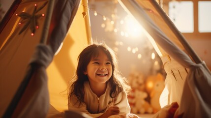 Cute child girl playing in teepee tent in cozy atmosphere of baby room