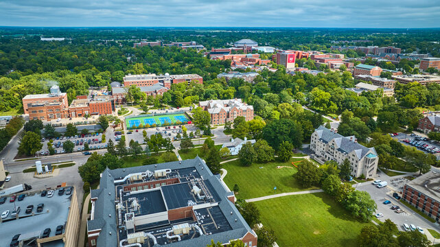 Burris Laboratory School, Elliot Hall, and Lucina Tennis Courts in Ball State University aerial, IN