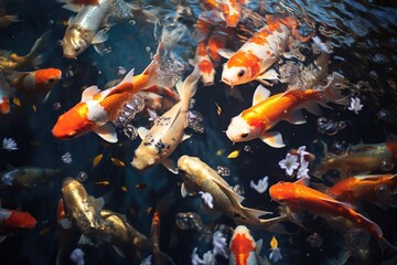 Group of Koi fish swim in a pond with clear water