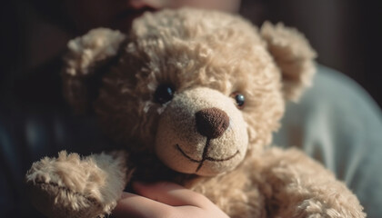 Cute teddy bear held by smiling child, symbol of friendship generated by AI