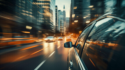 View from side of fast moving car at night through a high way of urban city scape with motion blurred background  with lights 