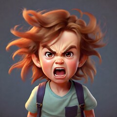 Scared or angry little child with red hair and blue backpack on gray background - obrazy, fototapety, plakaty