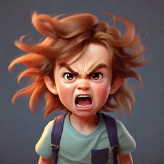 Fotobehang Scared or angry little child with red hair and blue backpack on gray background © ingalinder
