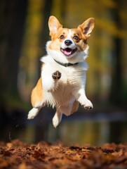 Naklejka na ściany i meble Cute Pembroke welsh corgi dog jumping in the backyard on a sunny day facing the camera