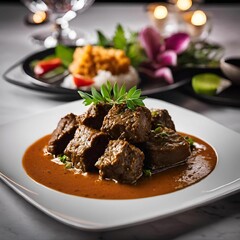 a plate of meat stew sitting on a table covered in various dishes
