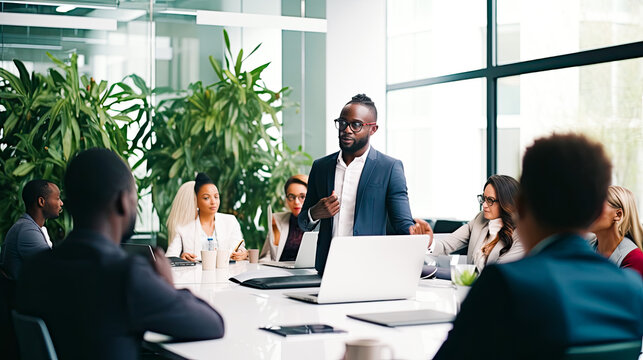 Image of a businessman giving a presentation at a conference in a friendly atmosphere in a modern office.