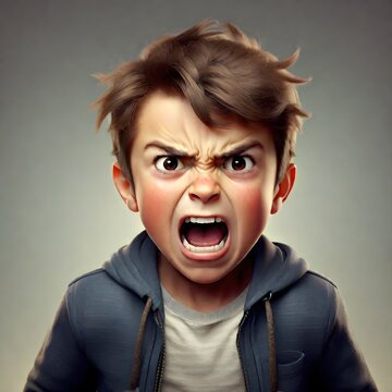 Angry boy screaming. Close-up portrait on gray background.