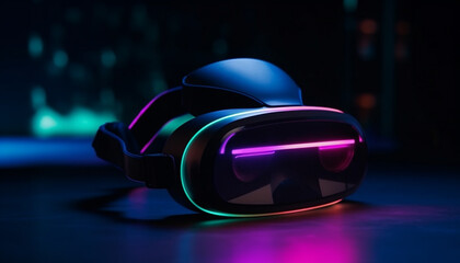Glowing cyborg eyesight protected by futuristic virtual reality headset generated by AI