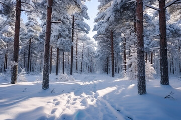 Winter forest with footpath, footprints on snow