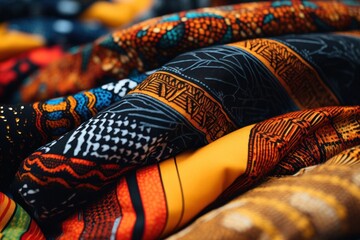 Colorful traditional African fabrics and patterns on display. Cultural diversity and fashion.