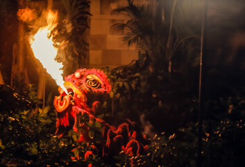 Celebrating 2024 Chinese New Year- the year of Dragon. The fiery dragon spews flame during show or...