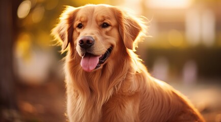 Golden retriever dog sitting on a pile of grass, spring theme concept