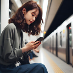 asian girl using her cell phone and listening to music while waiting for the subway to arrive. Generative AI