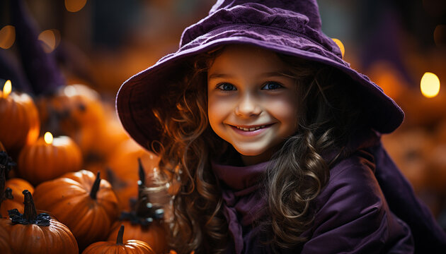 Smiling child playing outdoors, enjoying Halloween pumpkin decoration generated by AI