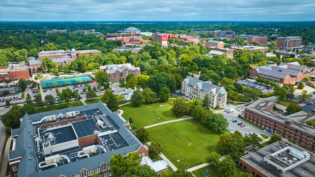 Burris Laboratory School, Elliot Hall, and Lucina Tennis Courts at Ball State University aerial, IN